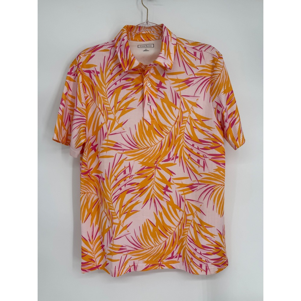 Club Room Mens Sz Small Tropical Palm Print Polo Shirt Orange Pink Short Sleeve